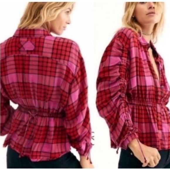 Free People Pink Red Combo Plaid Ruched Sleeve Pacific Dawn Blouse - Picture 1 of 14